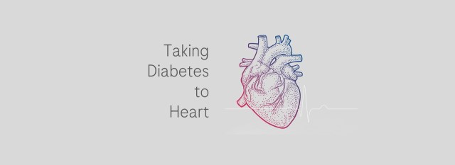 Pink, purple and blue outline of a human heart next to the words :"Taking diabetes to heart" against a grey backdrop.