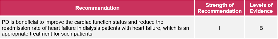 PD is beneficial to improve the cardiac function status and reduce the readmission rate of heart failure in dialysis patients with heart failure, which is an appropriate treatment for such patients, strength of recommendation is I and level of evidence is B.