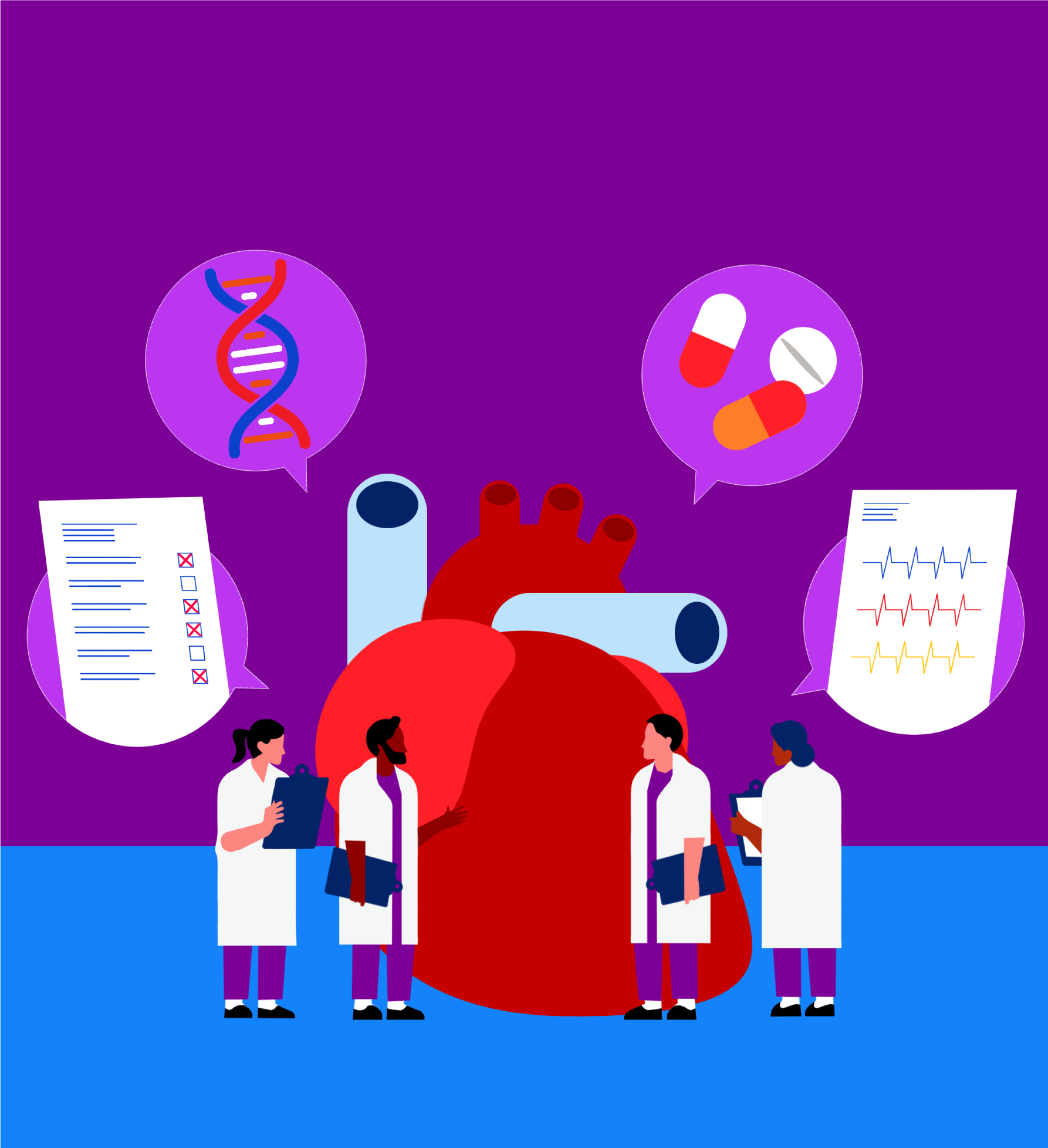 Four doctors wearing white coats standing around a large model of a human heart. Speech bubbles from the doctors include illustrations of a checklist, DNA, pills and an ECG.